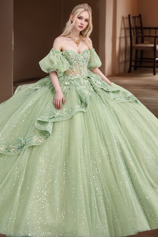 Off Shoulder Lantern Sleeves 3D Flower Appliques Ruffles Sage Green Quinceanera Dress WQ1278