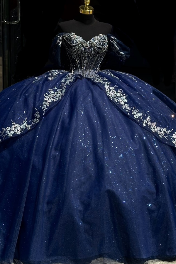 Off Shoulder Sleeveless Beaded Sliver Appliques Dark Navy Quinceanera Dress for Sweet 16 WQ1383