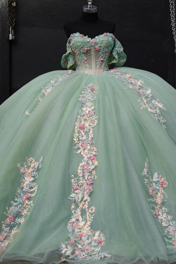 Langes Quinceanera-Kleid mit Herzausschnitt für Damen, trägerloses Korsett mit Blumenapplikationen, Perlenbesetztes Tüll-Ballkleid 