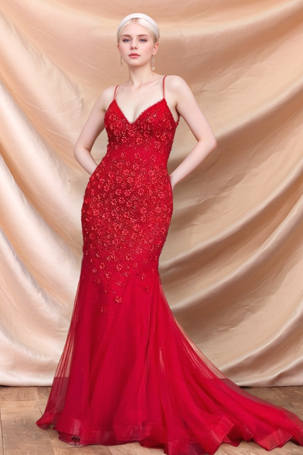 WU1128 - Vestido de fiesta de noche sexy y atractivo, con tirantes finos, sin mangas, apliques de flores 3D y tirantes cruzados.