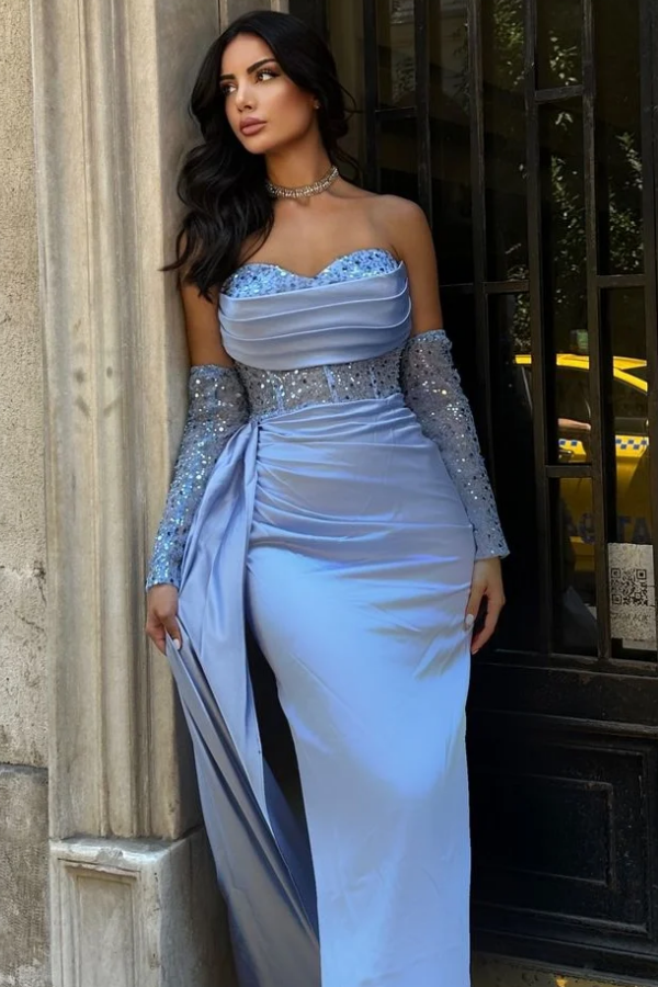 WU1043 - Chic & Gorgeous Sheath Strapless Detachable Sleeves Sequins Pleated High Side Slit Floor Length Prom Dress Evening Party Gown