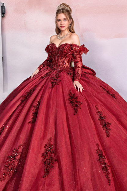 WQ1268 - Luxury Ball Gown Off Shoulder Long Sleeves Flower Beaded Appliques Bow Knot Burgundy Tulle Quinceanera Dress Formal Party Gown for Sweet 16