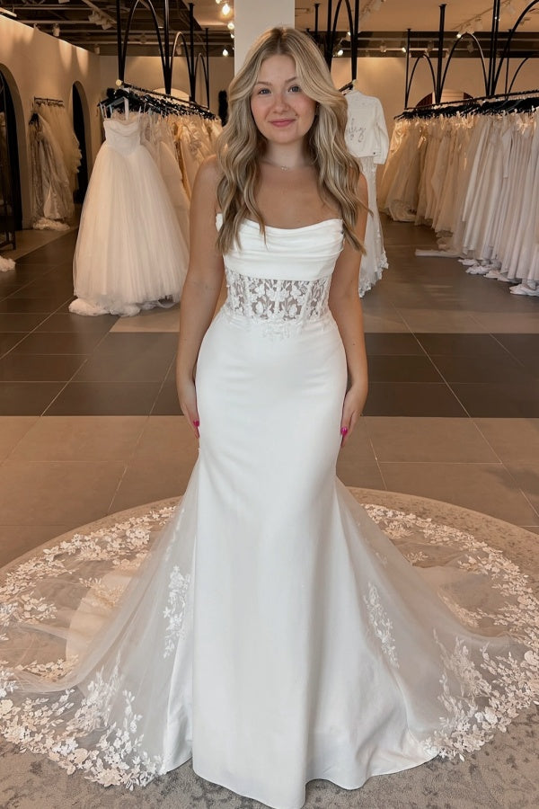 Mermaid Boat Neck Lace Appliques Buttons Lace Train Wedding Dress WW1053