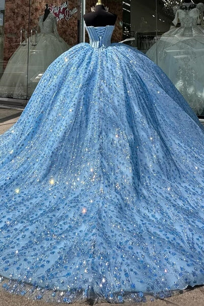 Langes Quinceanera-Kleid mit Herzausschnitt für Damen, trägerloses Korsett mit Blumenapplikationen, Perlenbesetztes Tüll-Ballkleid 