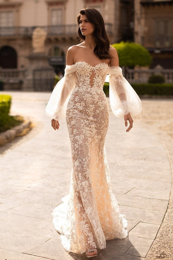Mermaid Off Shoulder Long Lantern Sleeves Appliques Beach Wedding Dress WW1071
