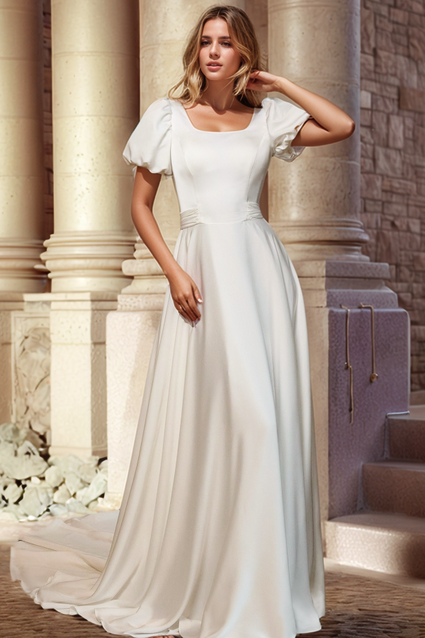 WW1018 - Simple & Casual A-Line Square Neck Half Lantern Sleeves V Back Buttons Wedding Gown Satin Bride Dress