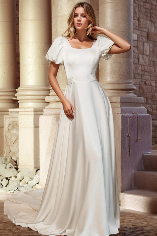A-Line Square Neck Half Sleeves V Back Buttons Satin Wedding Gown WW1018
