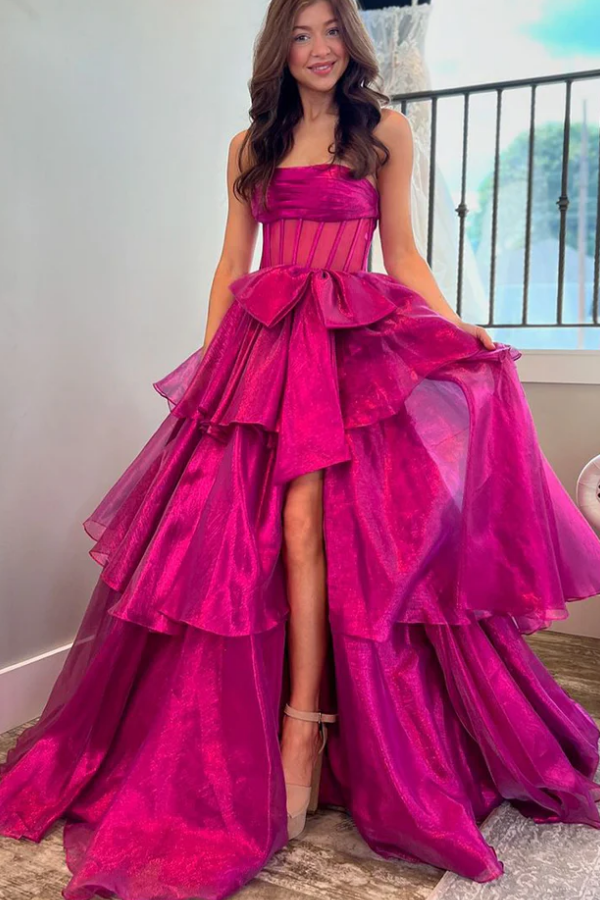 WU1118 - Sexy & Cute A-Line Strapless Sleeveless Tulle Tiered Party Prom Dress High Side Slit Bow Knot Evening Formal Gown Wedding Guest Dress