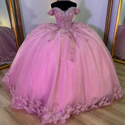 WQ1166 - Ball Gown Off Shoulder 3D Flowers Lace Appliques Pink Tulle Quinceanera Dress Princess Evening  Party Gown for Sweet 16