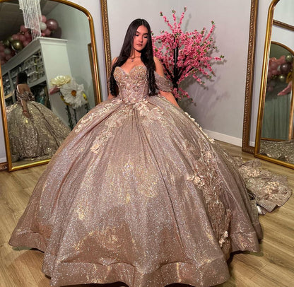 WQ1153 - Elegant & Glitter Ball Gown Sweetheart Neck Off Shoulder Sweep Train Tulle Cocktail Party Gown Quinceanera Dress Princess for Sweet 16