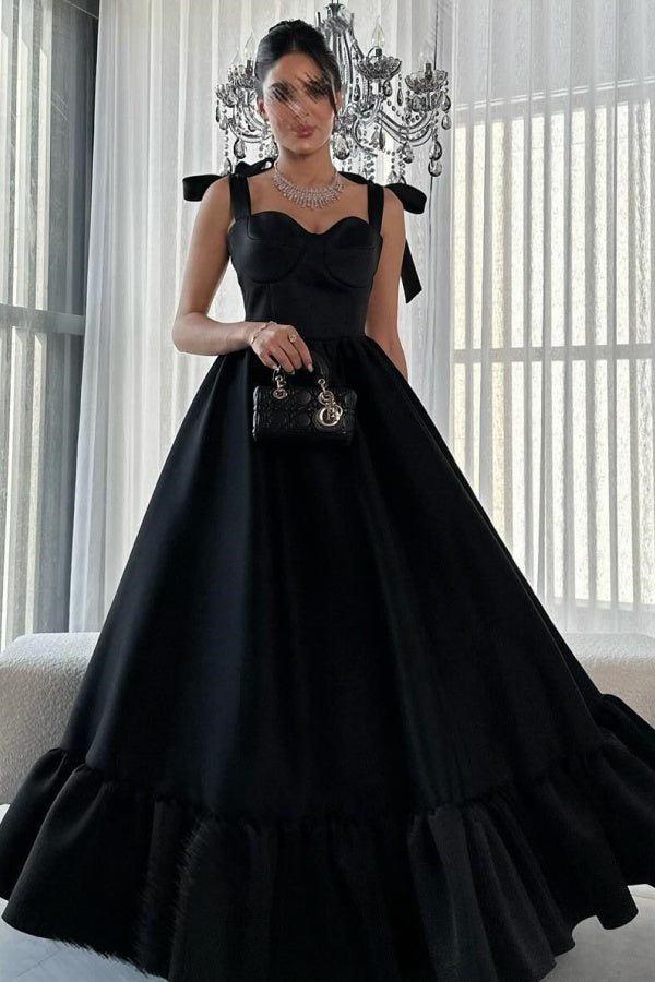 WU1088 - Classic & Simple A-Line Sweetheart Neck Straps Sleeveless Prom Party Dress Black Satin Floor Length Evenng Gown Wedding Guest Dress