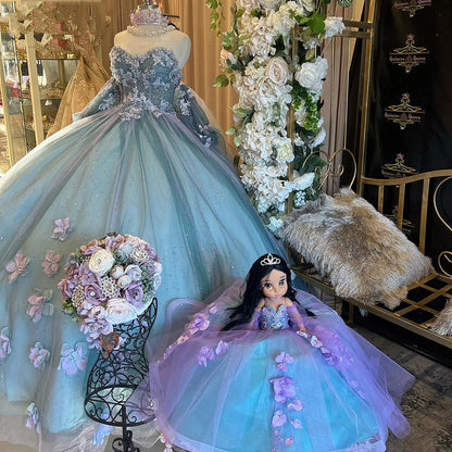 Sweetheart Corset Ball Gown Off Shoulder Quinceanera Dresses with Sleeves 3D Flowers Appliques Sparkly Beaded Tulle Lace Up Sweet 16 Dress Princess Party Gown