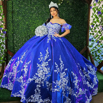 Royal Blue Sweetheart Quinceanera Dresses Sparkling Floral Appliques Lace Beaded Corset Princess Prom Party Ball Gown Sweet 15 16 Dress