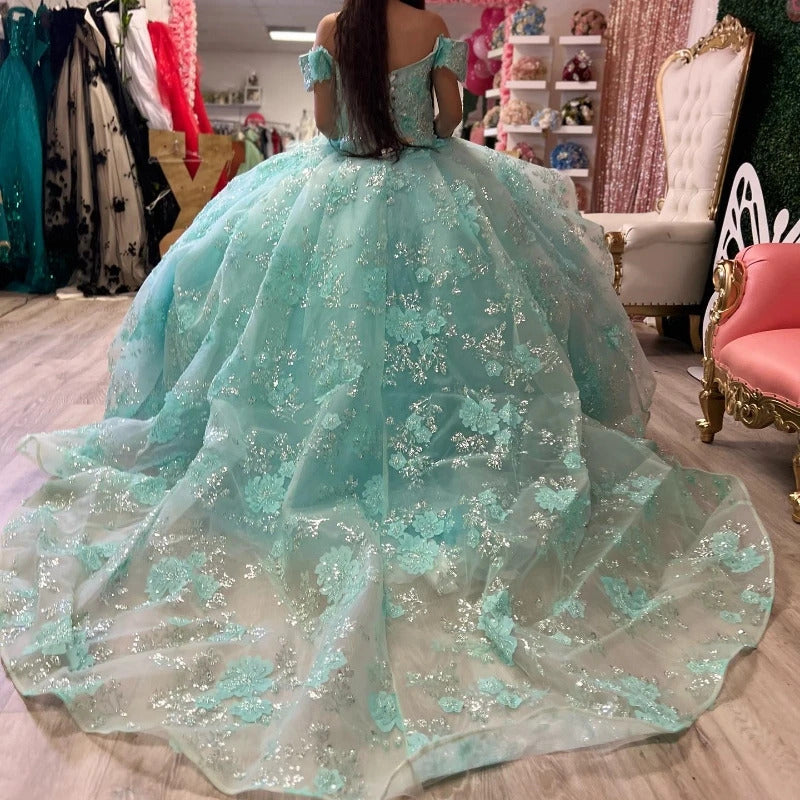 WQ1055 - Ball Gown Off Shoulder Beaded 3D Flower Appliques Ruffles Lake Blue Tulle Princess Gown Quinceanera Dress for Sweet 16 Dress