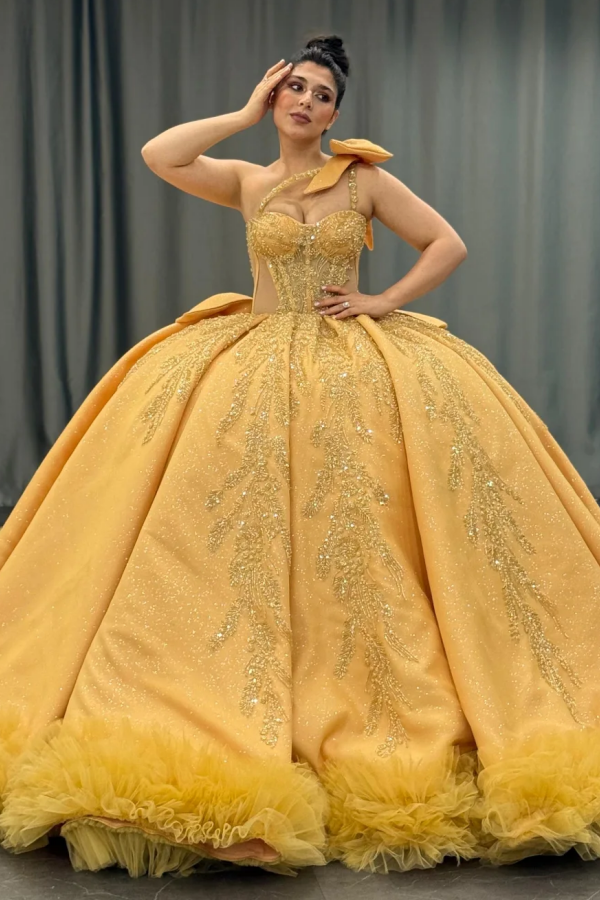 Langes Quinceanera-Kleid mit Herzausschnitt für Damen, trägerloses Korsett mit Blumenapplikationen, Perlenbesetztes Tüll-Ballkleid 
