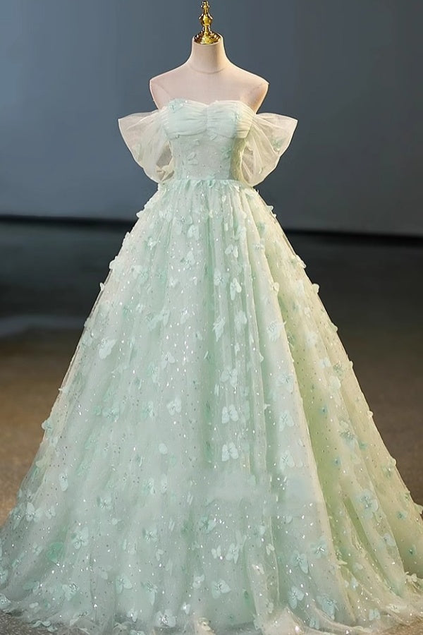 A-Line Off Shoulder 3D Butterflies Appliques Prom Dress WU1475