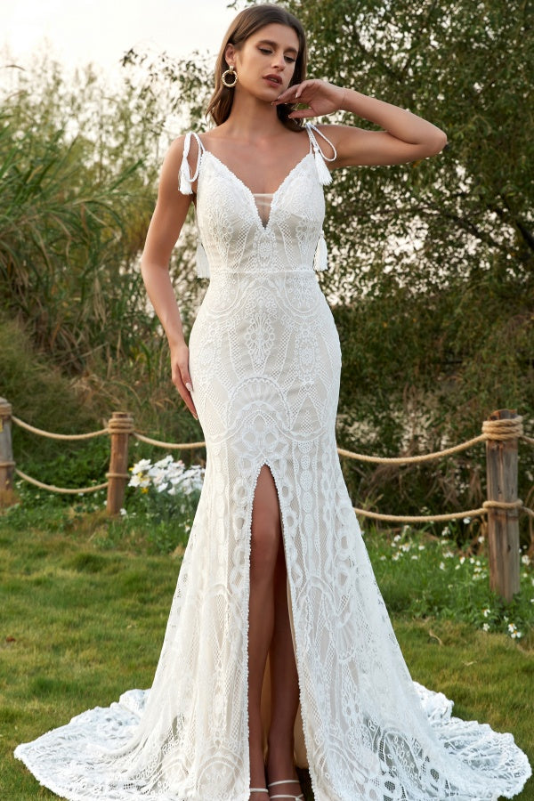 Mermaid V Neck Spaghetti Straps Bohemian Lace Wedding Dress with Open Back and High Side Slit WW1003