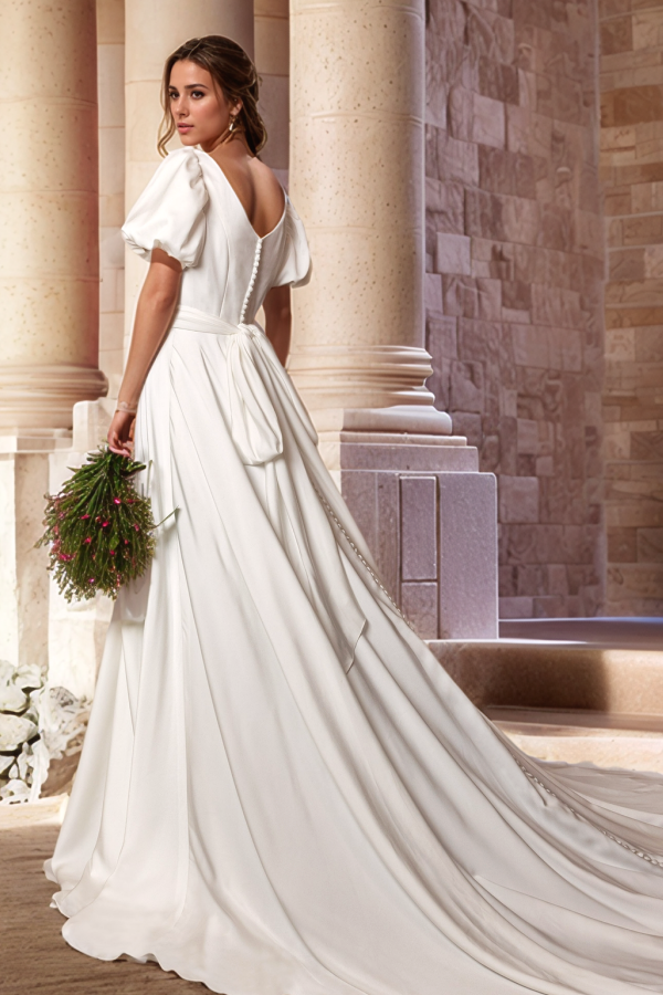 WW1018 - Simple & Casual A-Line Square Neck Half Lantern Sleeves V Back Buttons Wedding Gown Satin Bride Dress