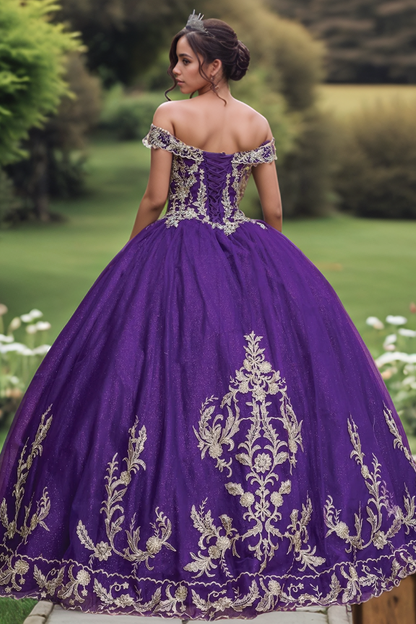 WQ1293 - Elegant & Classic Ball Gown Off Shoulder Sleeveless Gold Flower Appliques Lace Up Dark Purple Tulle Quinceanera Dress Birthday Party Dress for Sweet 16