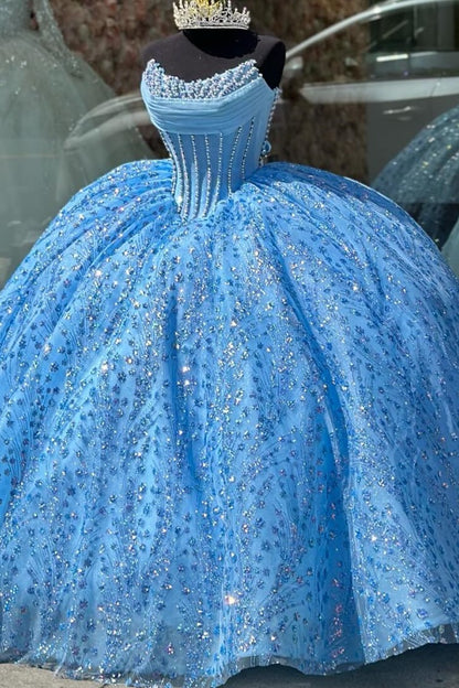 Langes Quinceanera-Kleid mit Herzausschnitt für Damen, trägerloses Korsett mit Blumenapplikationen, Perlenbesetztes Tüll-Ballkleid 