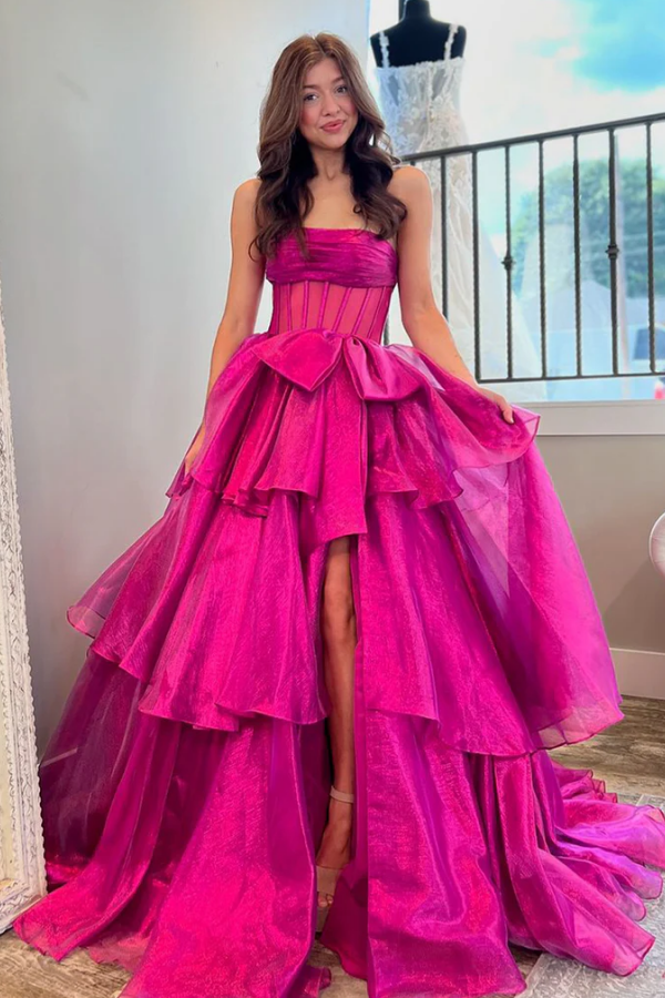 WU1118 - Sexy &amp; süßes A-Linien-Kleid, trägerlos, ärmellos, Tüll, gestuftes Party-/Ballkleid, hoher Seitenschlitz, Schleife, Knoten, Abendkleid, formelles Kleid für Hochzeitsgäste