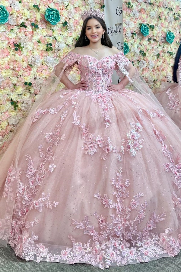 Langes Quinceanera-Kleid mit Herzausschnitt für Damen, trägerloses Korsett mit Blumenapplikationen, Perlenbesetztes Tüll-Ballkleid 