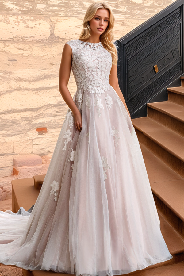 WW1023 - Classic A-Line Scoop Neck Cap Sleeves Appliques Back Zipper Button Sweep Train Tulle Wedding Gown Beach Bride Dress