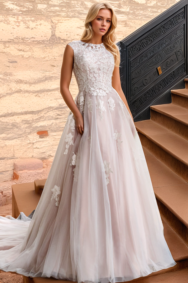 A-Line Scoop Neck Cap Sleeves Appliques Button Sweep Train Tulle Wedding Gown WW1023