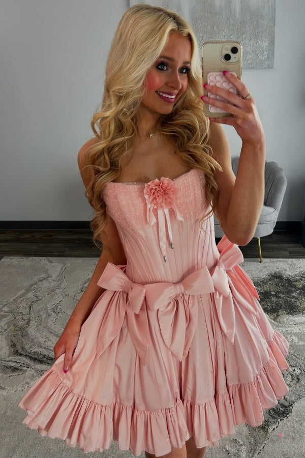 A-Line Boat Neck 3D Flower Bow Knot Pink Homecoming Dress WH1088