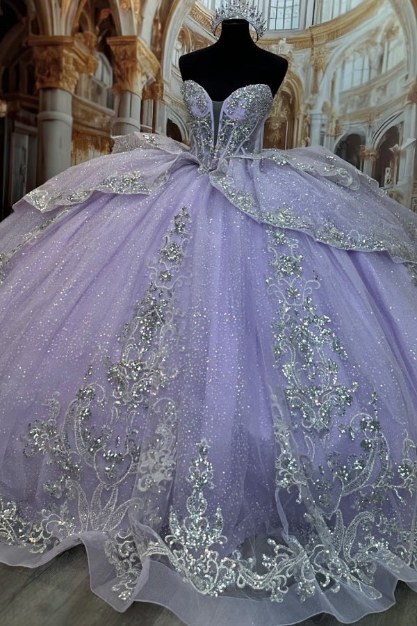 Strapless Sleeveless Beaded Sequins Lilac Quinceanera Dress WQ1472