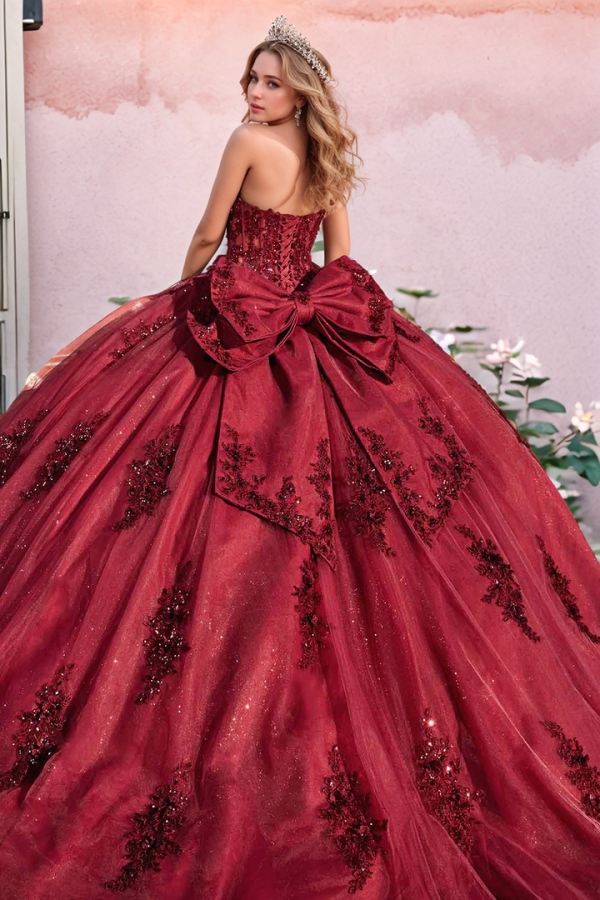 WQ1268 - Luxury Ball Gown Off Shoulder Long Sleeves Flower Beaded Appliques Bow Knot Burgundy Tulle Quinceanera Dress Formal Party Gown for Sweet 16