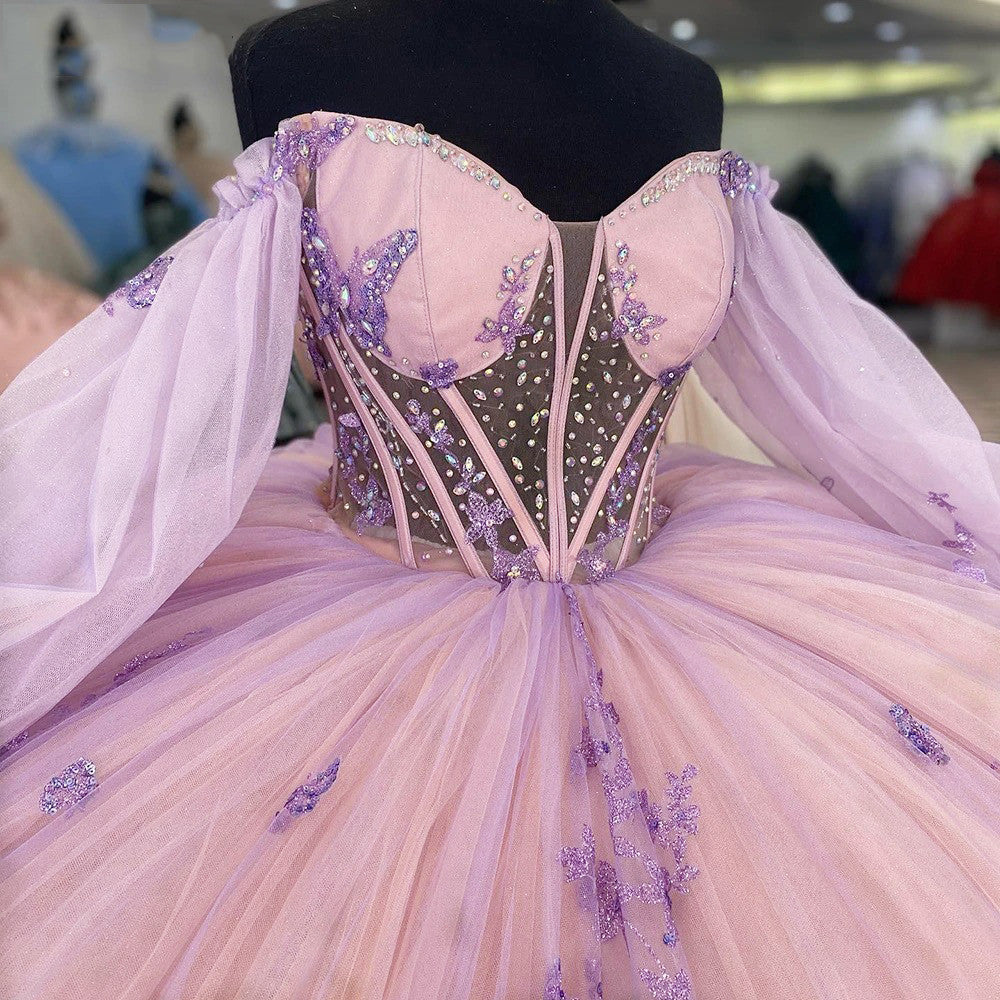 Rosa Herzausschnitt Korsett Ballkleid Off Shoulder Prinzessin Quinceanera Kleider Schmetterling Applikationen Funkelnde Perlen Tüll Lange Ärmel Abschlussball Party Kleider