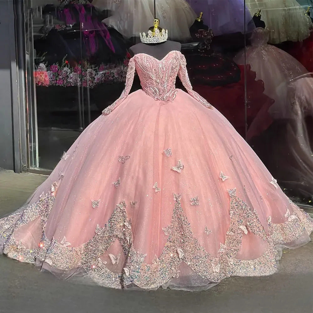 Robe de bal rose à épaules dénudées avec papillon 3D, robes de Quinceanera à manches longues, appliques à paillettes, perles, tulle, robes de soirée de bal pour 15 et 16 ans