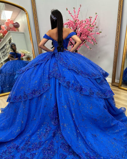 WQ1158 - Luxury & Glamorous Ball Gown Off Shoulder Lace Appliques Beaded Tiered Glitter Ruffles Royal Blue Tulle Quinceanera Dress Evening Party Gown for Sweet 16