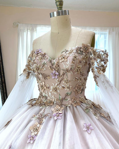 Quinceanera-Kleider, Herzausschnitt, schulterfrei, Blumen, Applikationen, lange Ärmel, Ballkleid, Tüll, Perlen, Geburtstagsparty-Kleid, Sweet 16 Dress