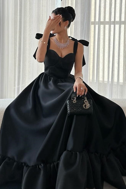 WU1088 - Classic & Simple A-Line Sweetheart Neck Straps Sleeveless Prom Party Dress Black Satin Floor Length Evenng Gown Wedding Guest Dress