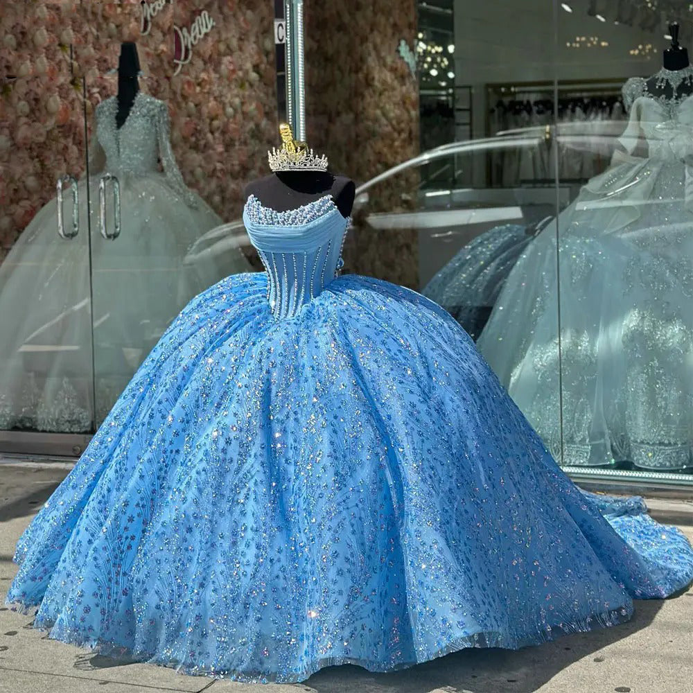 Sky Blue Strapless Sequined Quinceanera Dresses Ball Gown 2024 Corset Beading Glitter Tulle Princess Sweet 15 16 Birthday Party Gown with Train