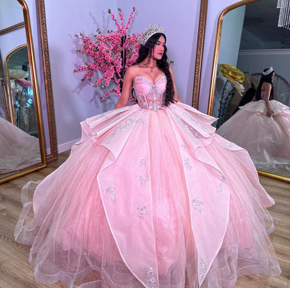 WQ1156 - Cute & Sweet Ball Gown Sweetheart Neck Lace Flower Appliques Tiered Ruffles Pink Tulle Princess Quinceanera Dress Formal Evening Dress for Sweet 16