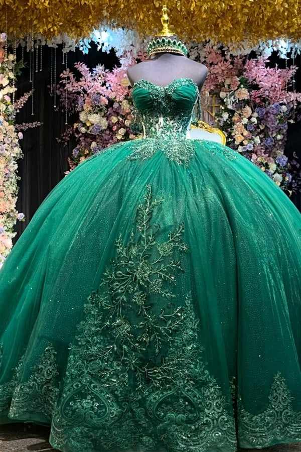Langes Quinceanera-Kleid mit Herzausschnitt für Damen, trägerloses Korsett mit Blumenapplikationen, Perlenbesetztes Tüll-Ballkleid 
