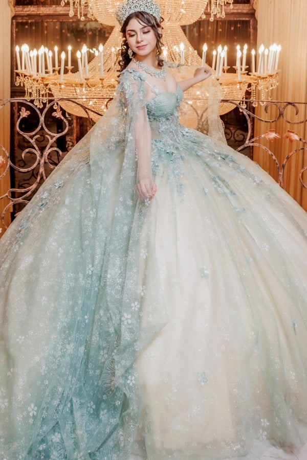 Langes Quinceanera-Kleid mit Herzausschnitt für Damen, trägerloses Korsett mit Blumenapplikationen, Perlenbesetztes Tüll-Ballkleid 