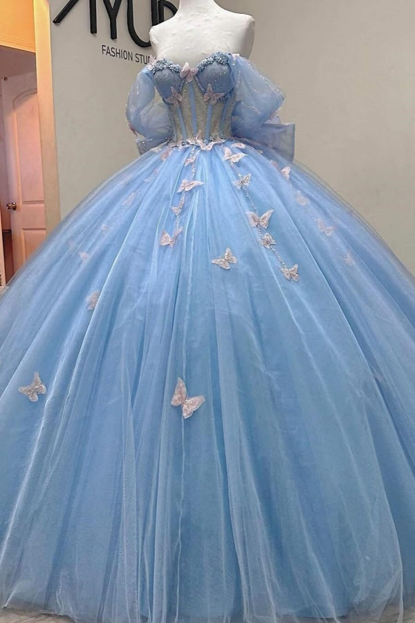 Langes Quinceanera-Kleid mit Herzausschnitt für Damen, trägerloses Korsett mit Blumenapplikationen, Perlenbesetztes Tüll-Ballkleid 
