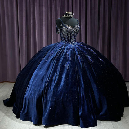 Navy Blue Princess Quinceanera Dresses 2024 Off Shoulder Spaghetti Straps Beads Corset Lace Appliues Ball Gown Luxury Prom Party Gown Sweet 16 Dress