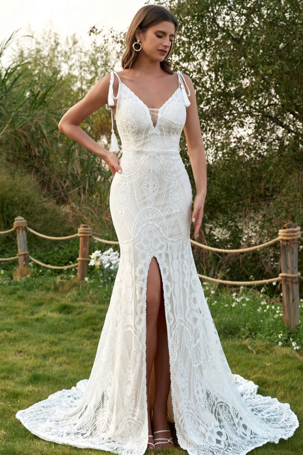 WW1003 - Elegant Mermaid Low V Neck Spaghetti Straps Sleeveless Bohemian Wedding Dress Fully Lace Open Back High Side Slit Court Train Bridal Gown