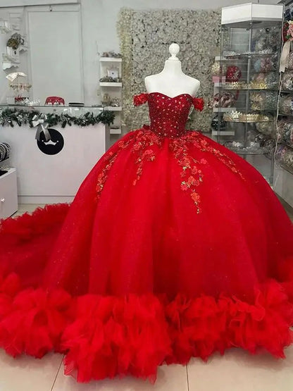 WQ1172 - Luxury & Gorgeous Ball Gown Off Shoulder Beaded Lace Appliques Ruffles Red Tulle Quinceanera Dresses Birthday Party Gown for Sweet 16