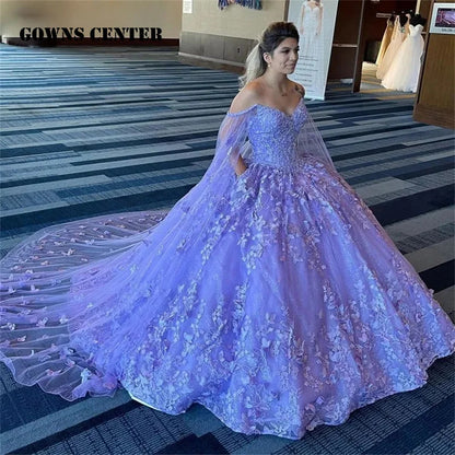 WQ1068 - Ball Gown Sweetheart Neck Long Sleeves 3D Butterfly Lace Appliques Beaded Lavender Tulle Quinceanera Dress for Sweet 16