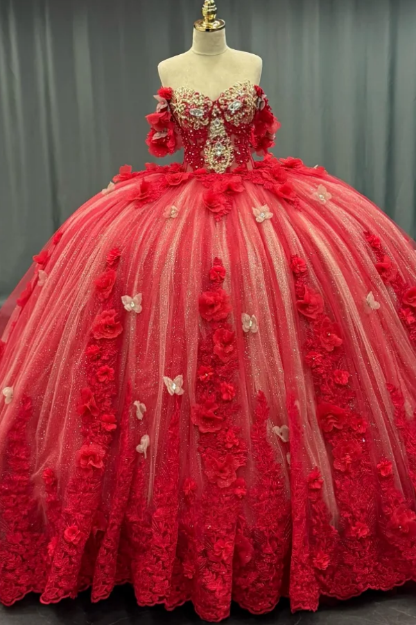 Langes Quinceanera-Kleid mit Herzausschnitt für Damen, trägerloses Korsett mit Blumenapplikationen, Perlenbesetztes Tüll-Ballkleid 