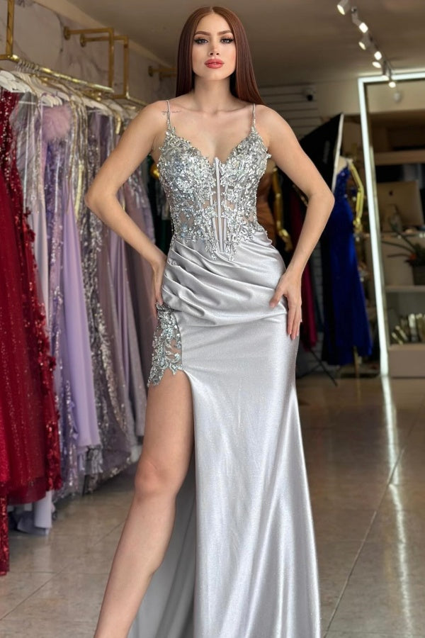 V Neck Spaghetti Straps Sequins Appliques Ruched High Side Slit and Train Prom Dress WU1338
