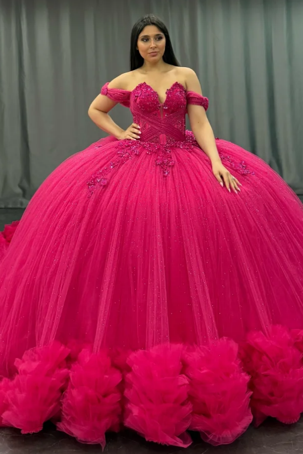 Langes Quinceanera-Kleid mit Herzausschnitt für Damen, trägerloses Korsett mit Blumenapplikationen, Perlenbesetztes Tüll-Ballkleid 