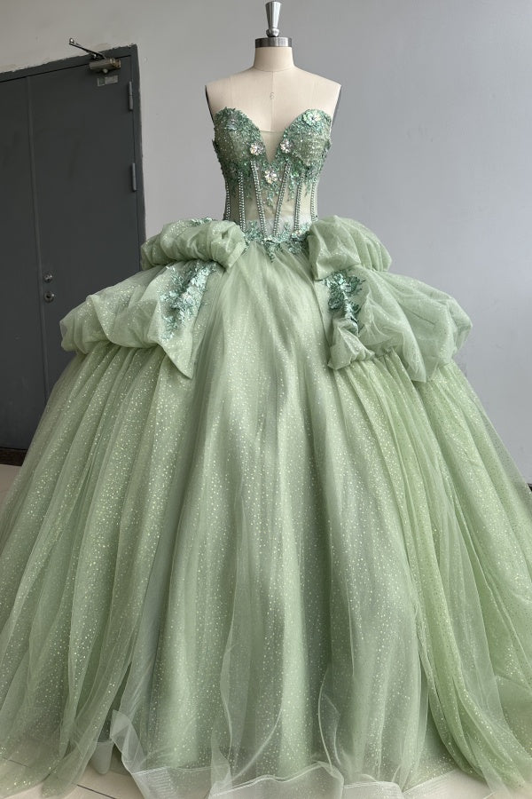 Langes Quinceanera-Kleid mit Herzausschnitt für Damen, trägerloses Korsett mit Blumenapplikationen, Perlenbesetztes Tüll-Ballkleid 