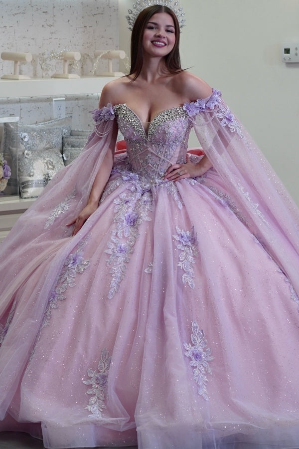 Langes Quinceanera-Kleid mit Herzausschnitt für Damen, trägerloses Korsett mit Blumenapplikationen, Perlenbesetztes Tüll-Ballkleid 